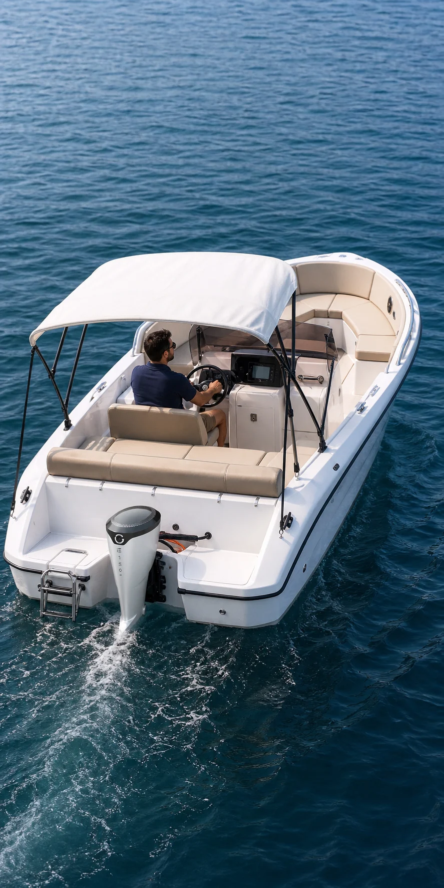 GLIDE electric outboard on a boat, from the supplied lifestyle imagery.