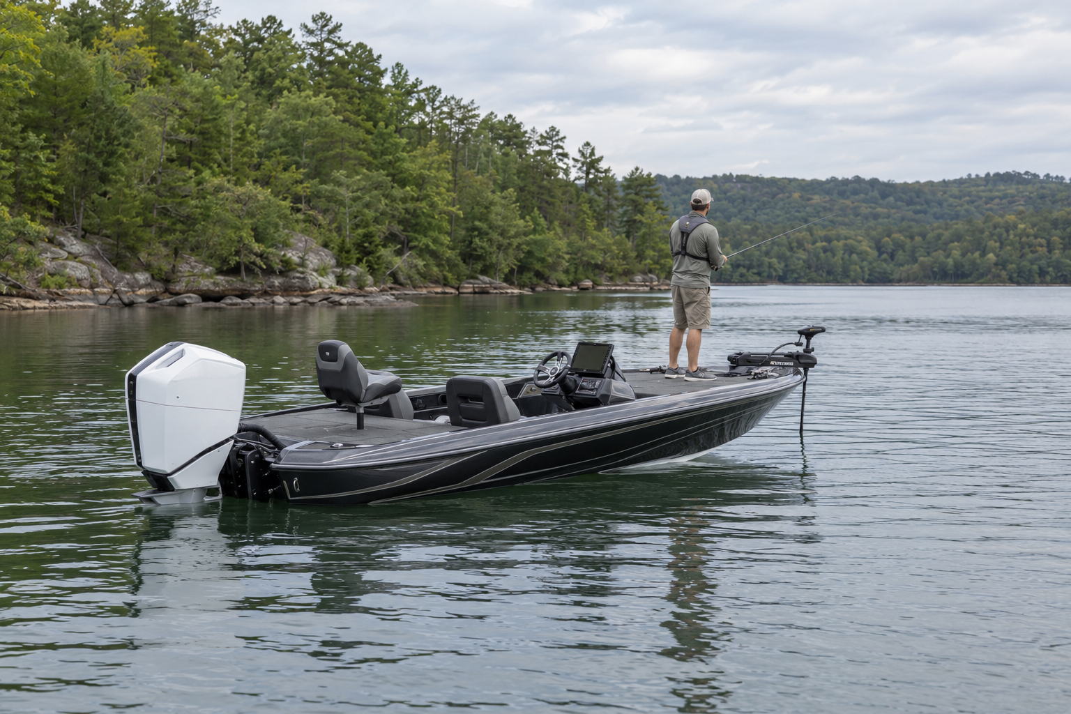 Lifestyle concept of a bass boat on a fishing trip.
