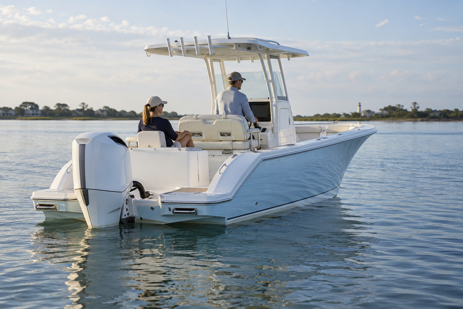 Lifestyle concept of a center-console boat cruising on open water.