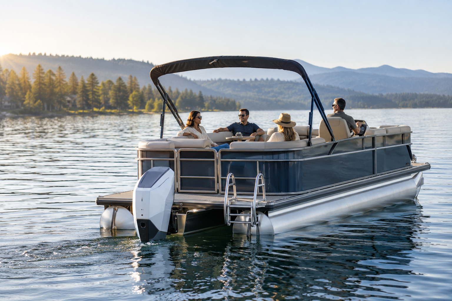 Lifestyle concept of a pontoon boat on a quiet lake.