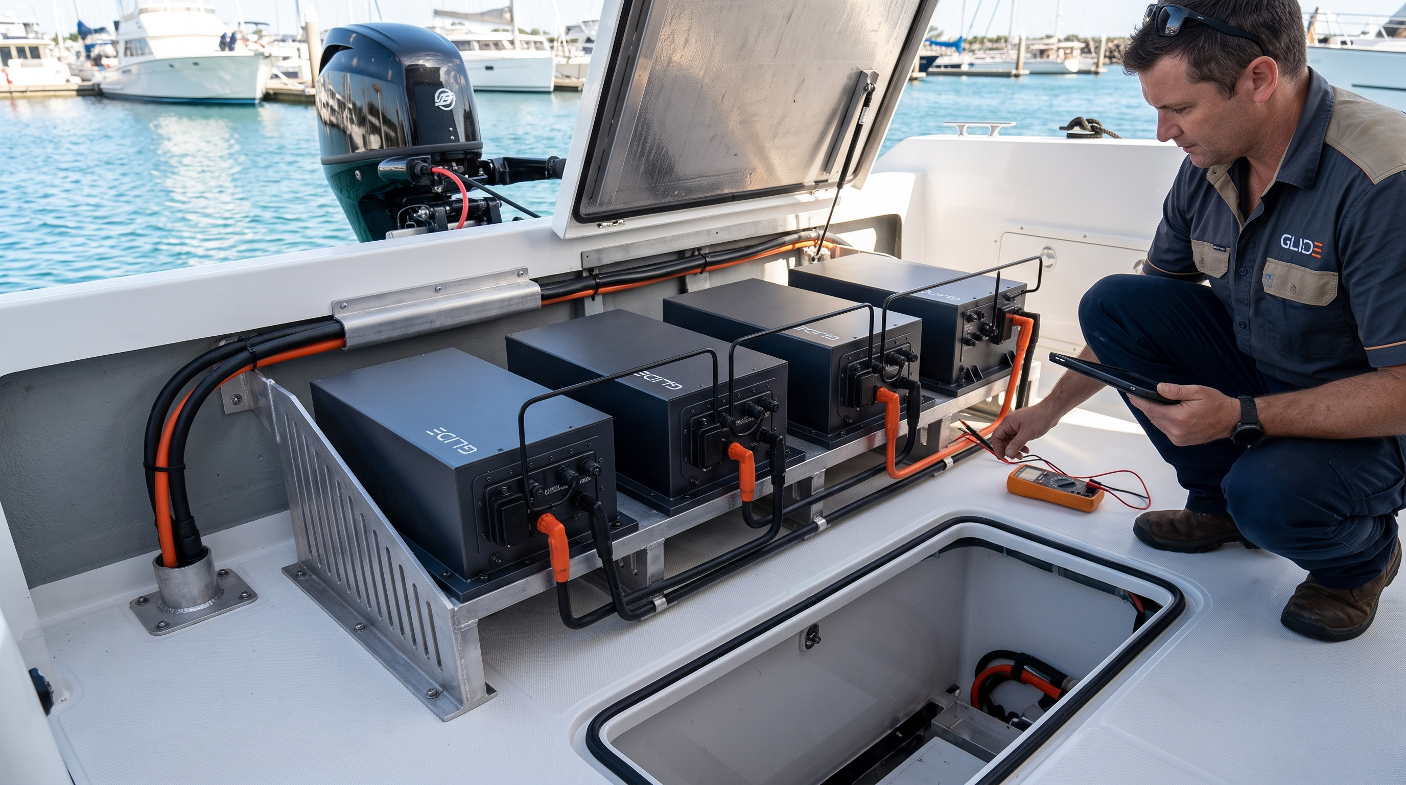 Concept image of battery modules and connected cabling installed inside a boat, with the outboard and technician visible.