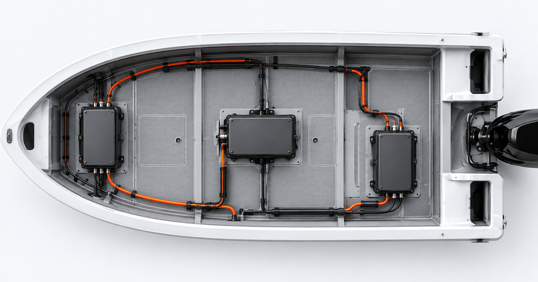 Concept top-down view of three battery modules distributed across a boat hull.