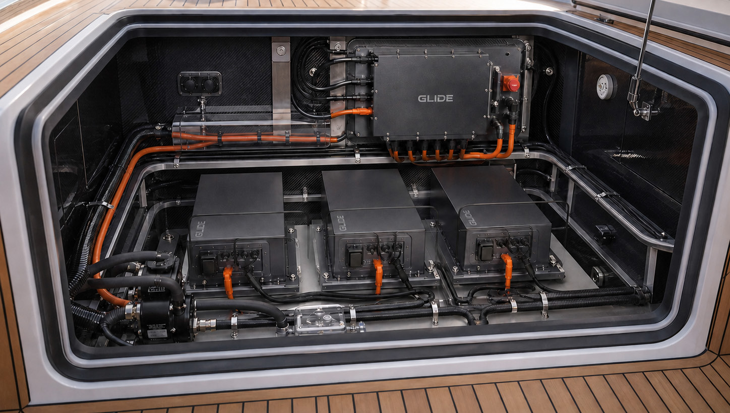Three batteries arranged across a boat hull.