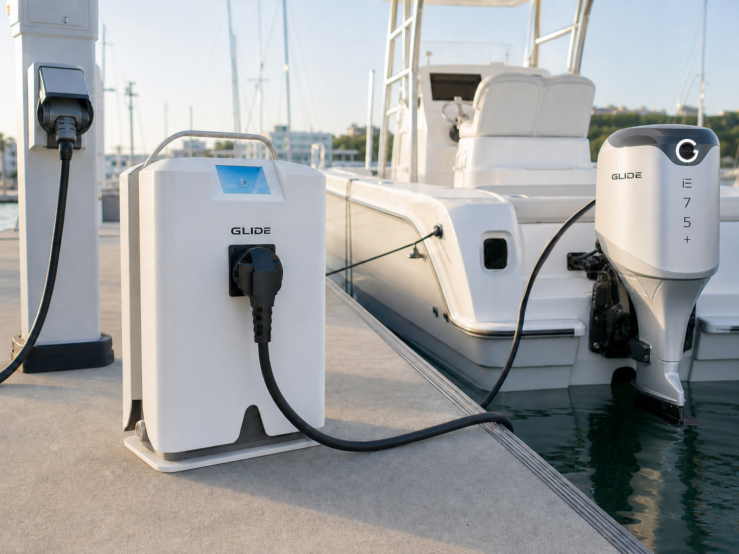 GLIDE Smart Charger at a boat dock.