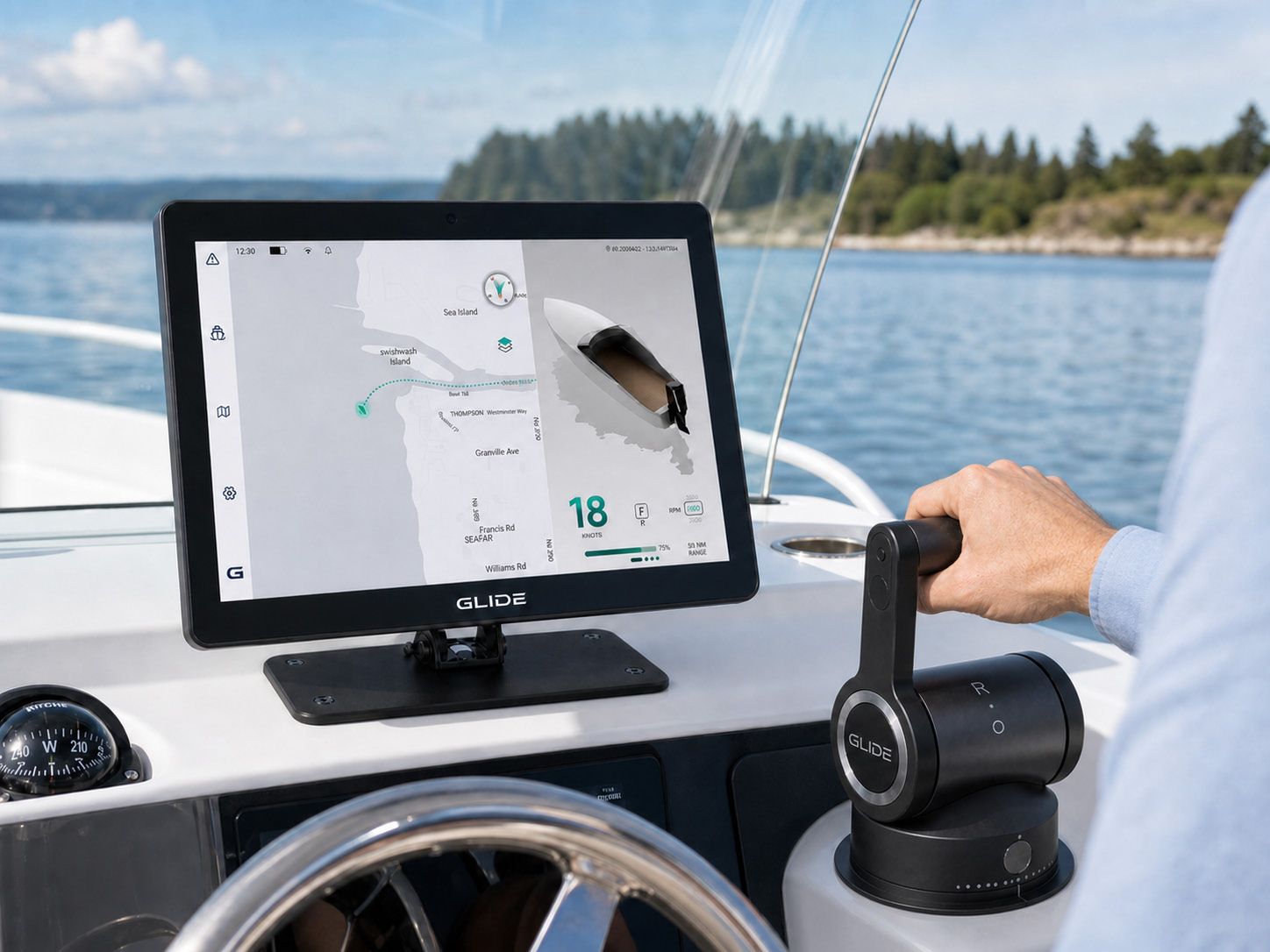 GLIDE onboard computer at a boat helm.