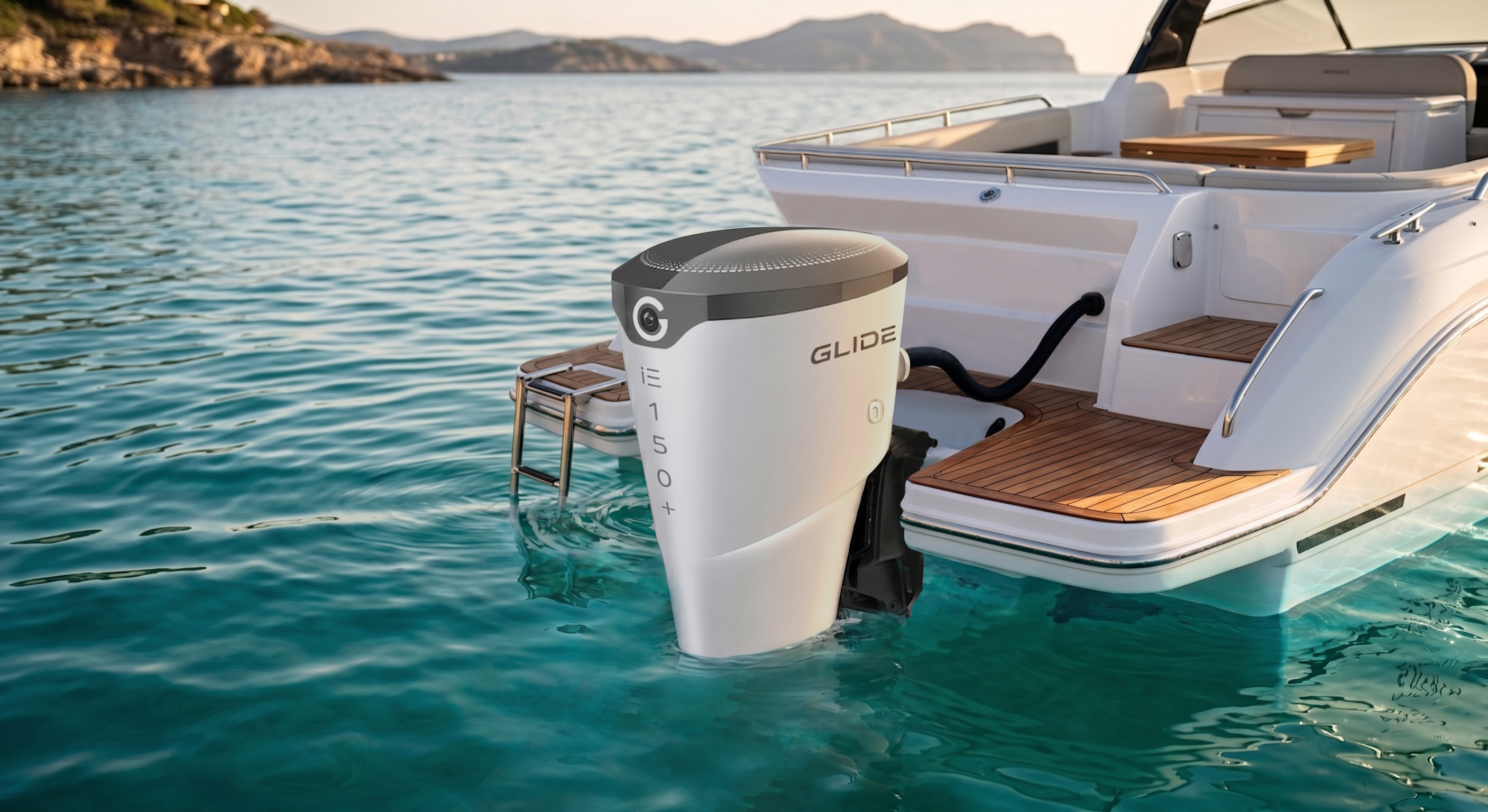 GLIDE IE 150 concept outboard on a recreational boat.