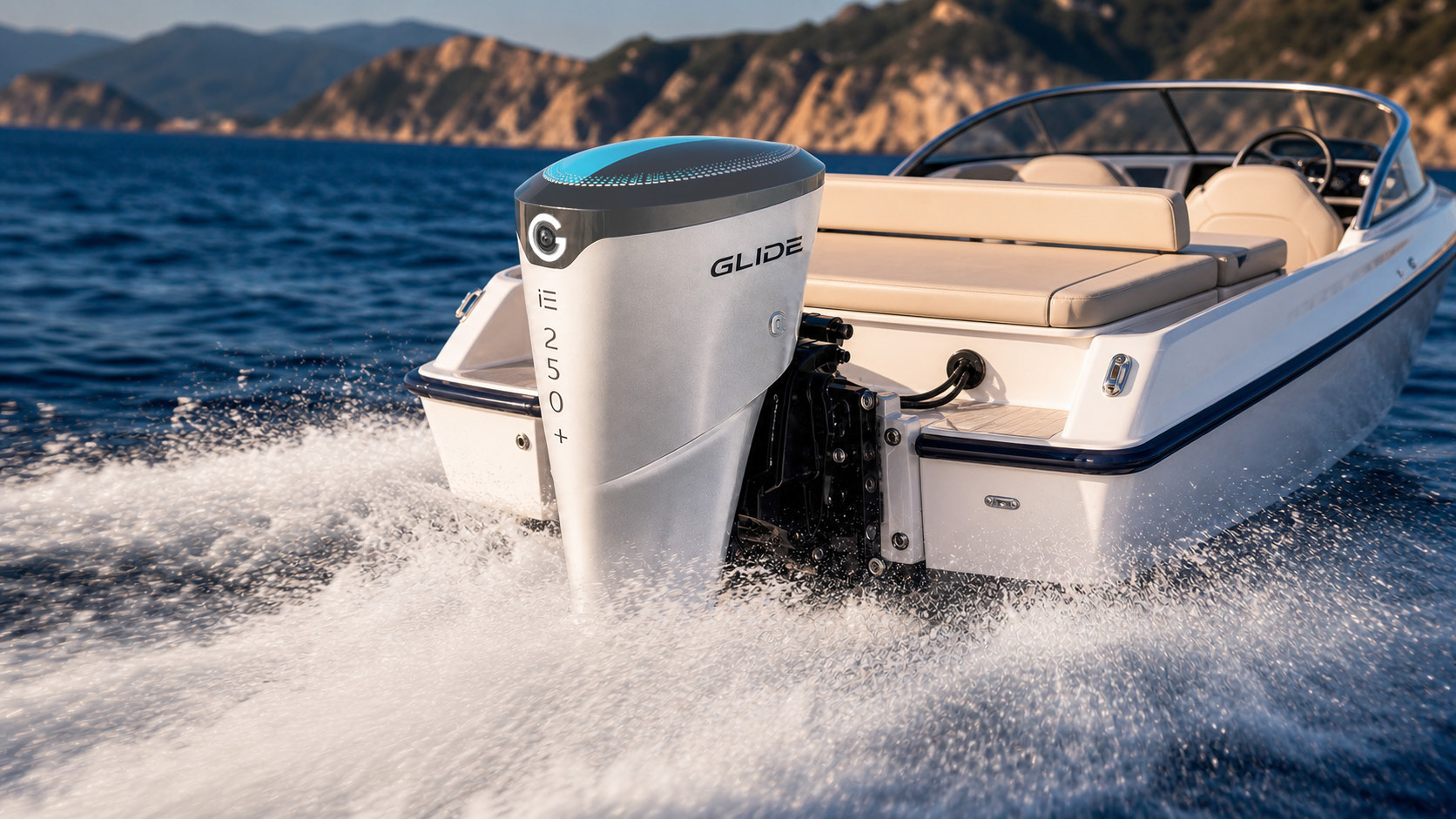 GLIDE IE 250 concept outboard powering a boat on open water.