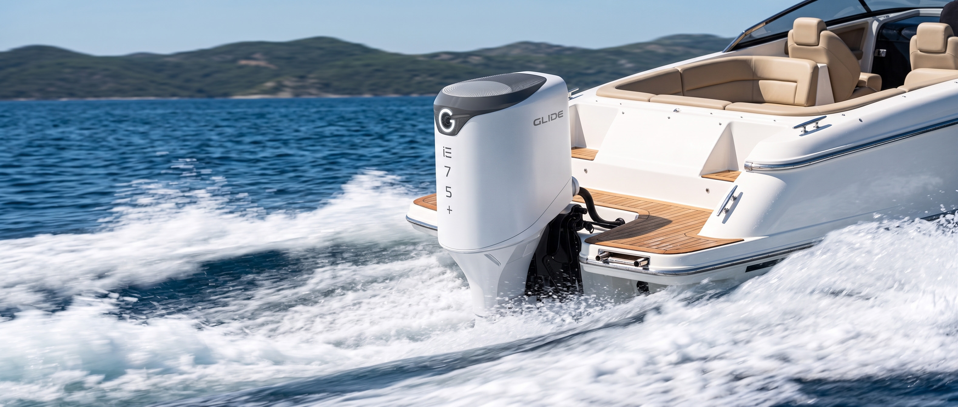 GLIDE IE 75 concept outboard in a boating setting.